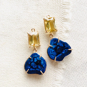 I paired these intense blue azurite geodes with golden beryl otherwise known as heliodor for amazing contrast. These azurite geode earrings are prong set in 14kt gold and come with 14kt gold earring wires not seen in the photographs. 
