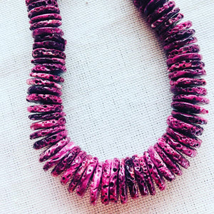 This one of a kind purple spiny oyster shell beaded necklace is, hand knotted between each bead, and finished with my signature 14kt gold clasp. This purple shell necklace is truly a favorite of mine.
