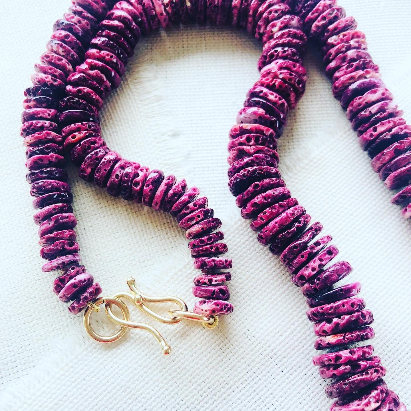 This one of a kind purple spiny oyster shell beaded necklace is, hand knotted between each bead, and finished with my signature 14kt gold clasp.  This purple shell necklace is truly a favorite of mine.