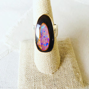 The contrasting colors of this Australian Yowah Nut Opal ring is so striking.  This one of a kind Yowah Nut Opal is set in 14kt gold and sterling silver.