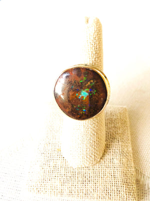 The contrasting colors of this Australian Yowah Nut Opal ring is so striking.  This one of a kind Yowah Nut Opal is set in 14kt gold and sterling silver.