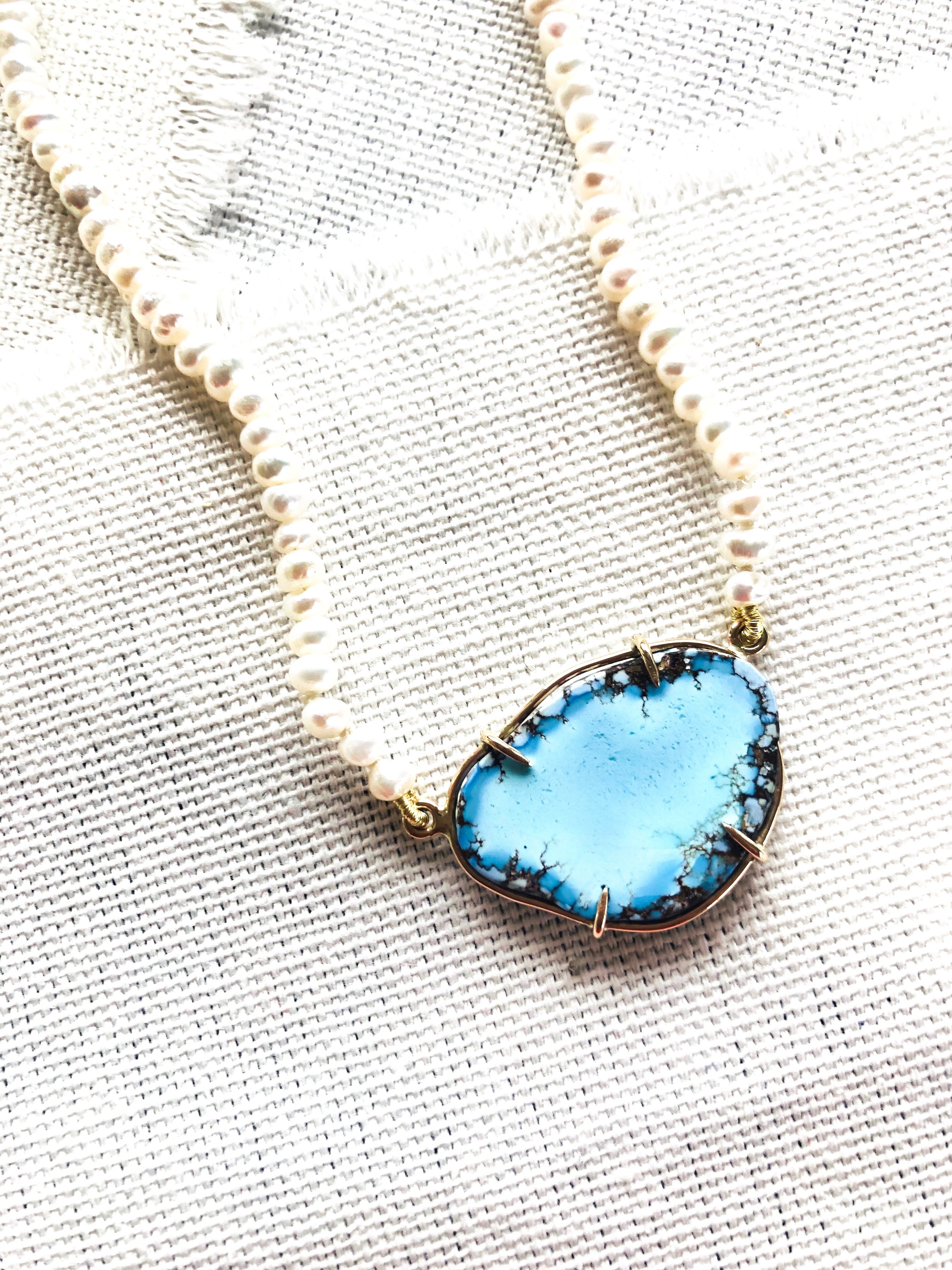 Let this beautiful effortlessly chic Kazakhstan turquoise necklace compliment your beach holiday. Kazakhstan turquoise is also known as Golden Hills Turquoise or Lavender Turquoise.