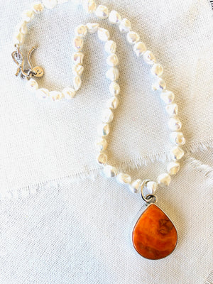 Orange Spiny Oyster Shell Necklace on Pearls