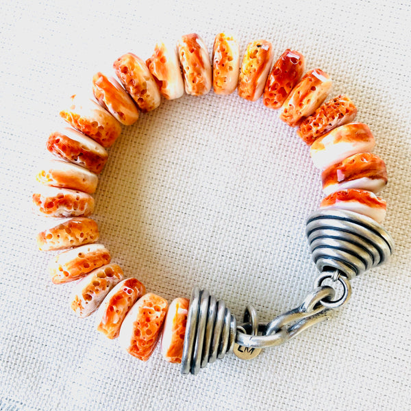 Orange Spiny Oyster Shell Beaded Bracelet with Handmade Silver Cones