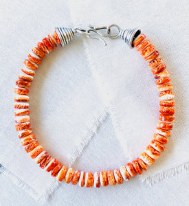 Orange Spiny Oyster Shell Beaded Necklace with Handmade Silver Cones