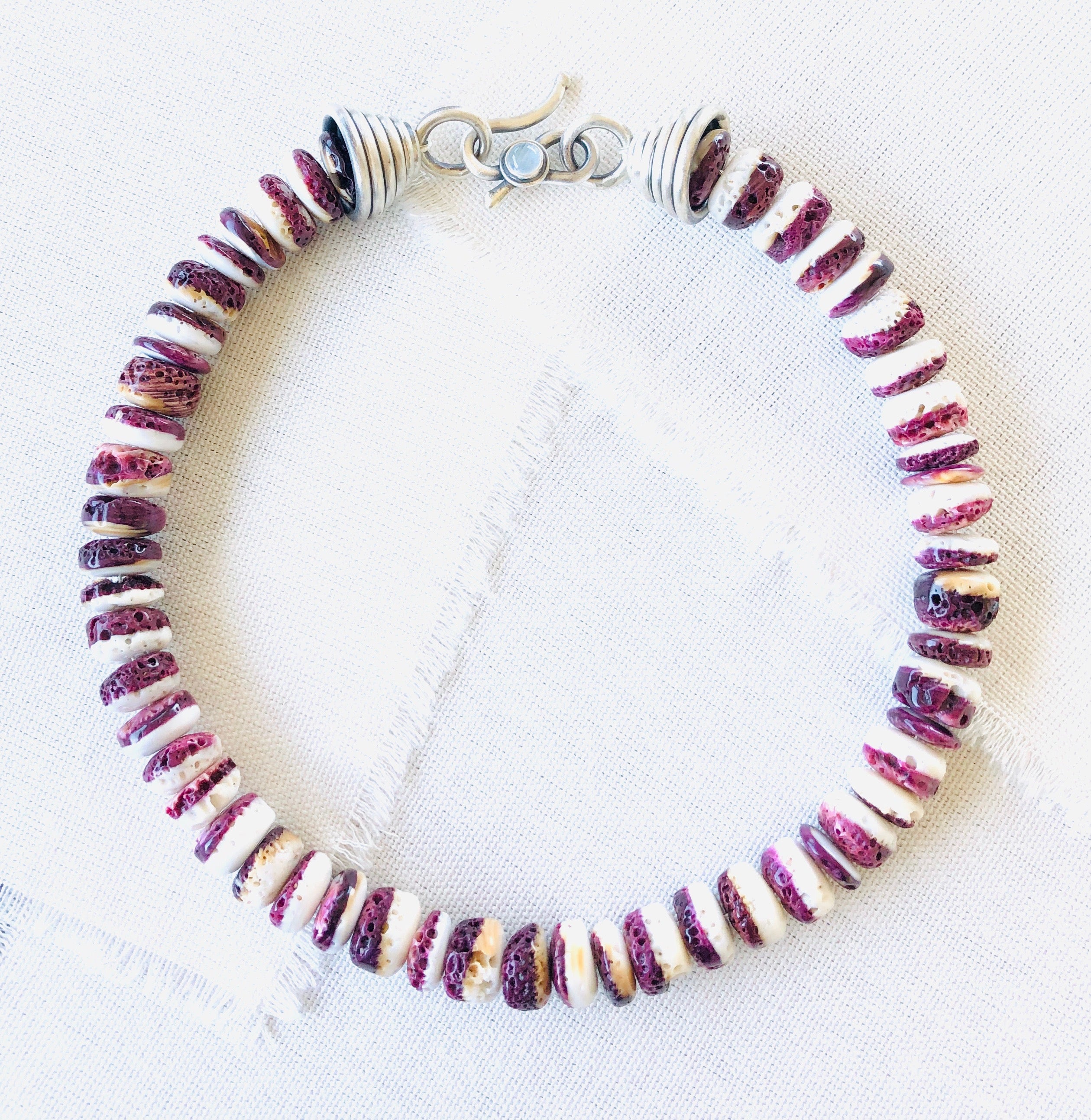 Purple Spiny Oyster Shell Beaded Necklace with Handmade Silver Cones