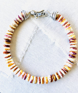 Yellow & Purple Spiny Oyster Shell Beaded Necklace with Handmade Silver Cones