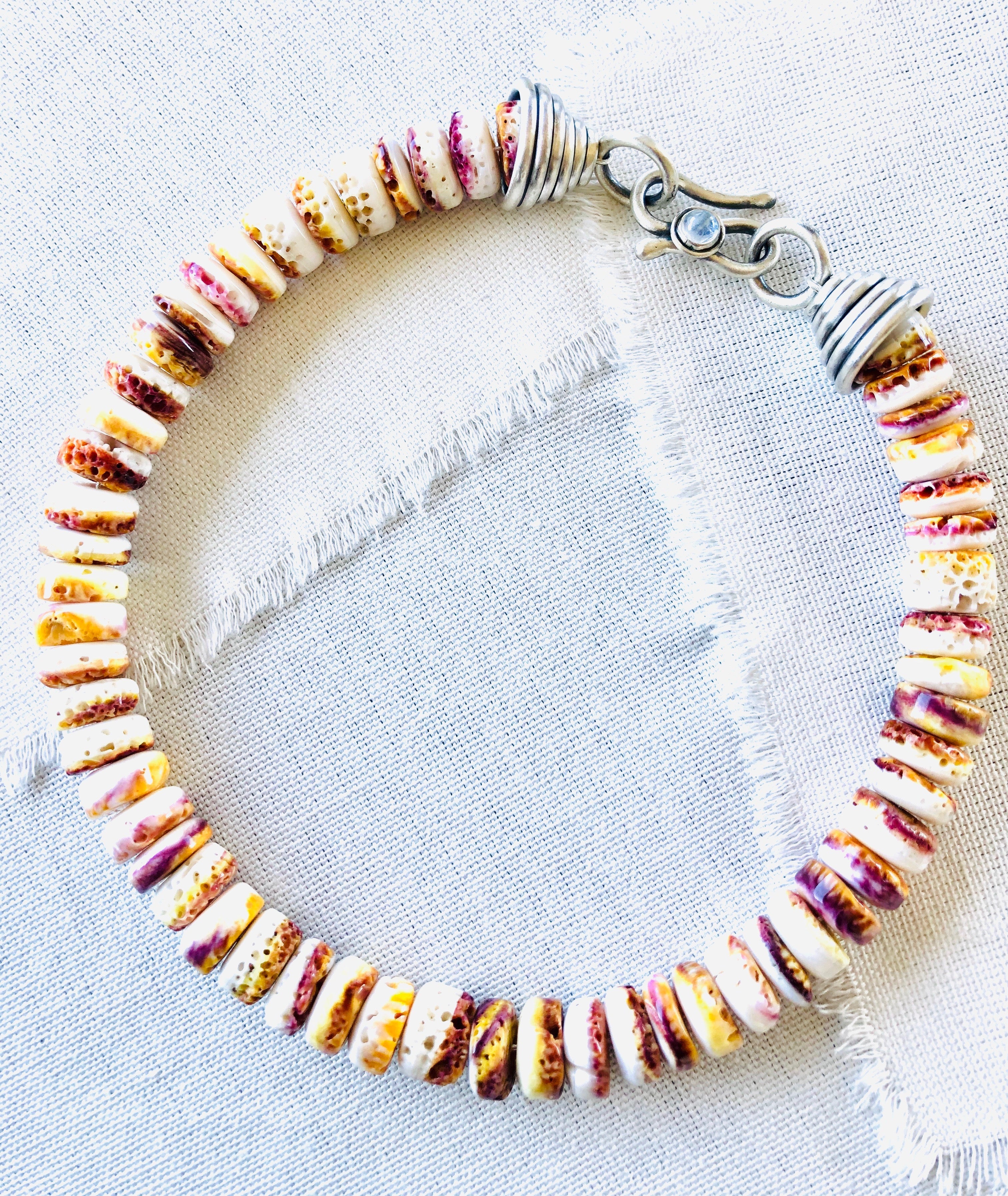 Yellow & Purple Spiny Oyster Shell Beaded Necklace with Handmade Silver Cones