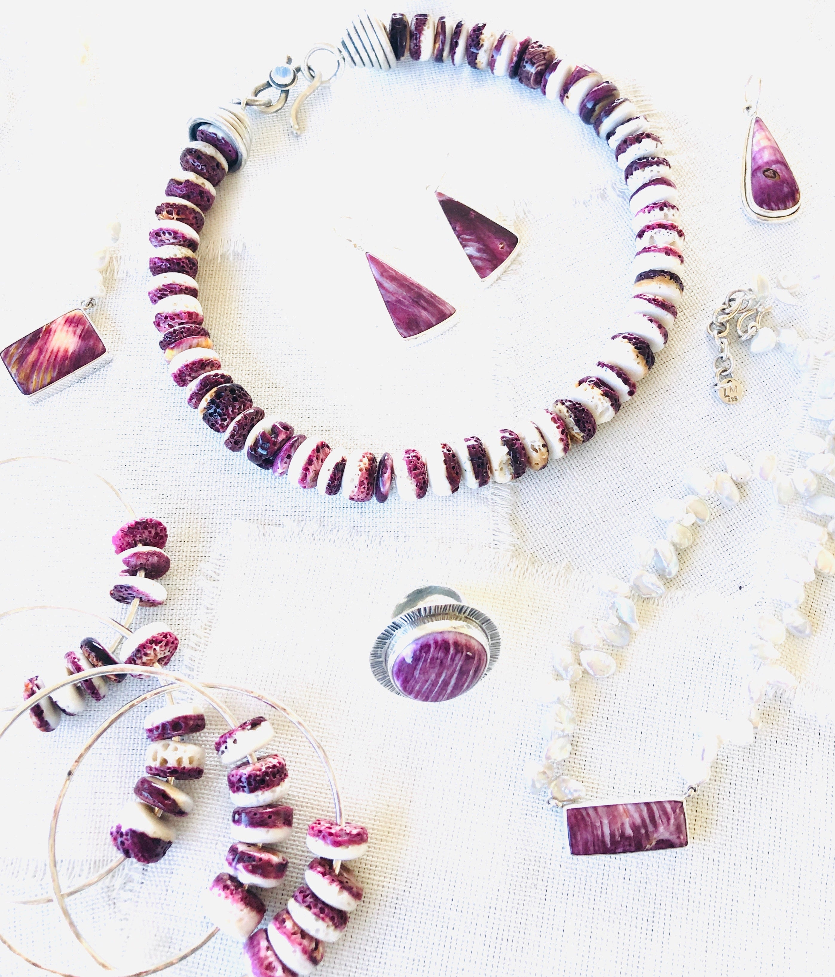 Purple Spiny Oyster Shell Beaded Necklace with Handmade Silver Cones