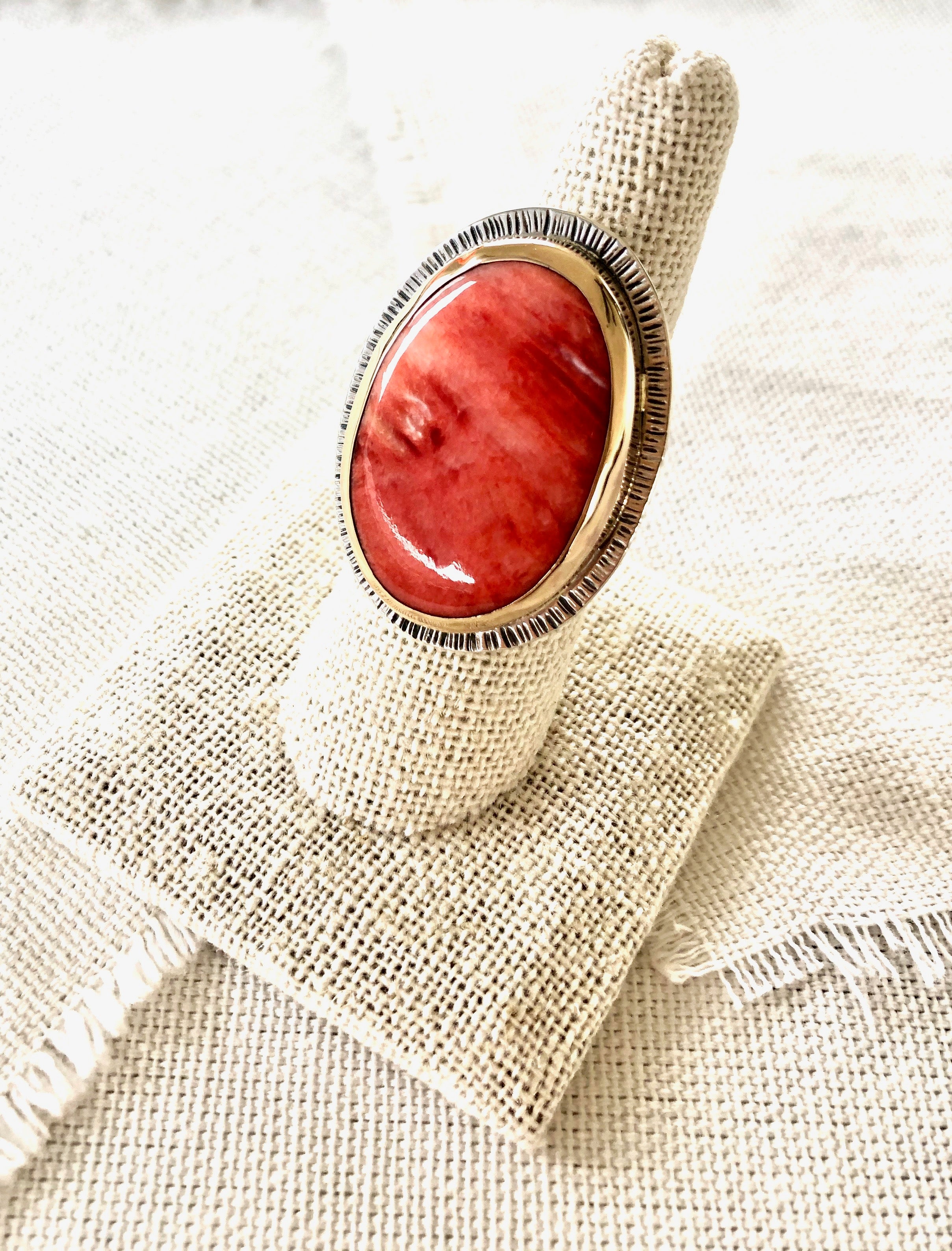 Gorgeous red spiny oyster shell ring set in 14kt gold bezel and sterling silver backplate and shank.  One of a kind ring.