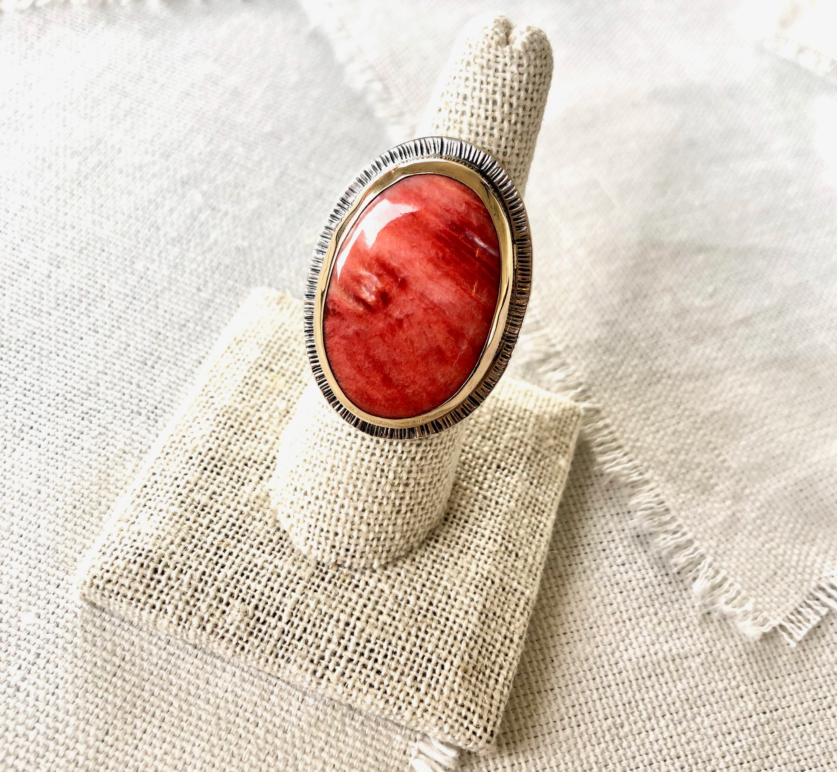 Red Spiny Oyster Shell Ring Bezel Set in GOLD