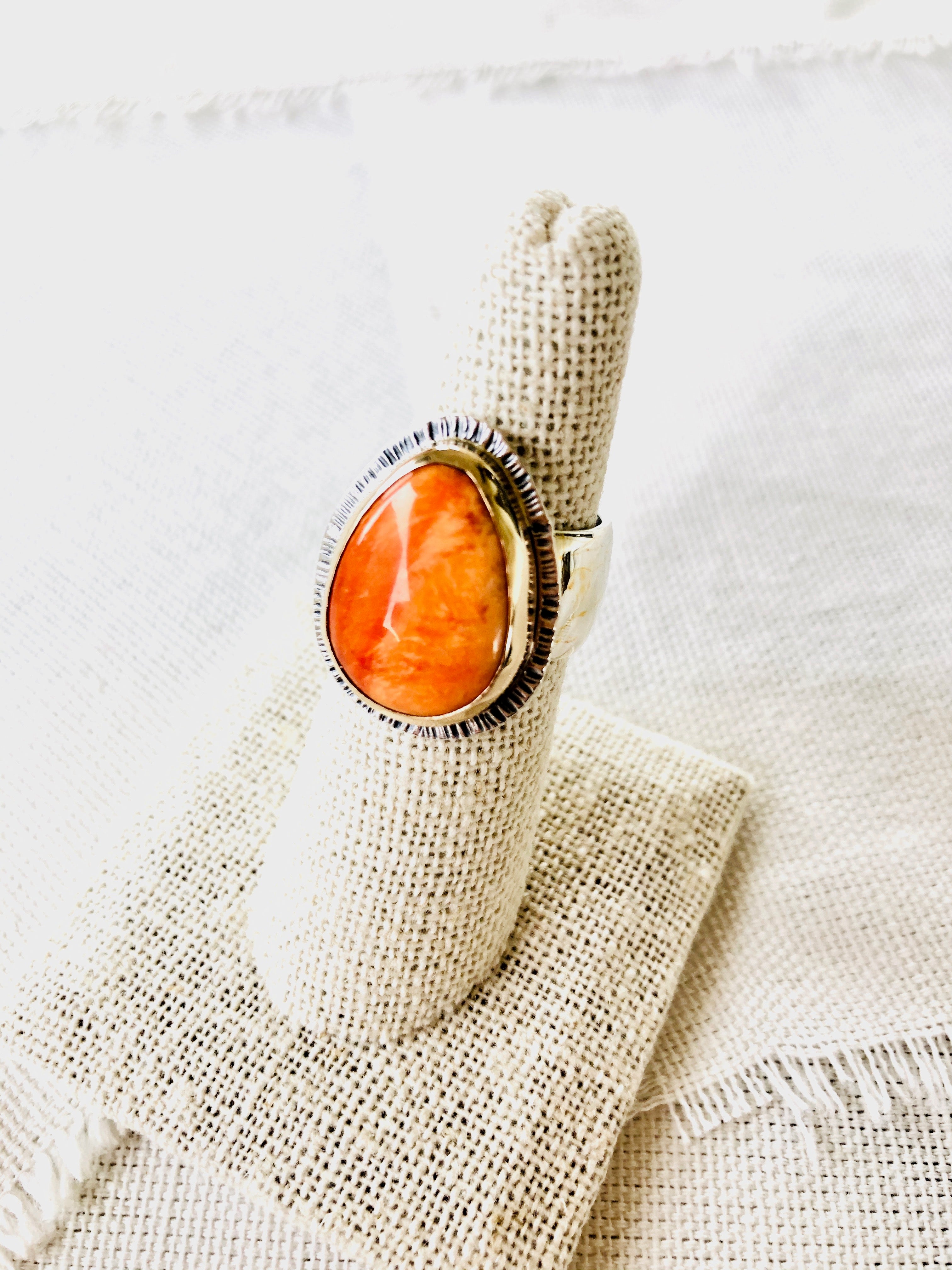 Beautiful orange spiny oyster shell ring set in 14kt gold and sterling silver for your resort beach getaway.