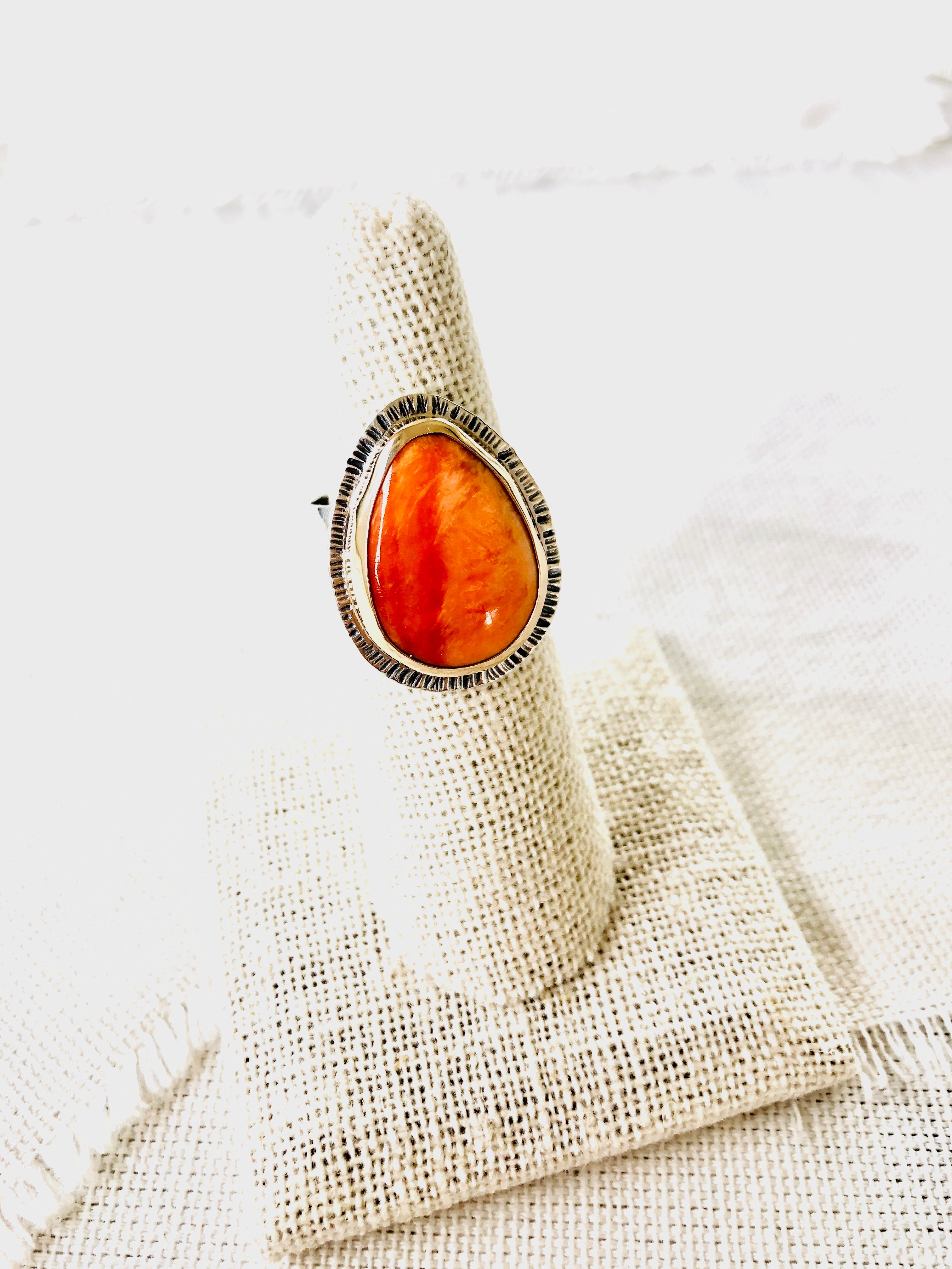 Beautiful orange spiny oyster shell ring set in 14kt gold and sterling silver for your resort beach getaway.