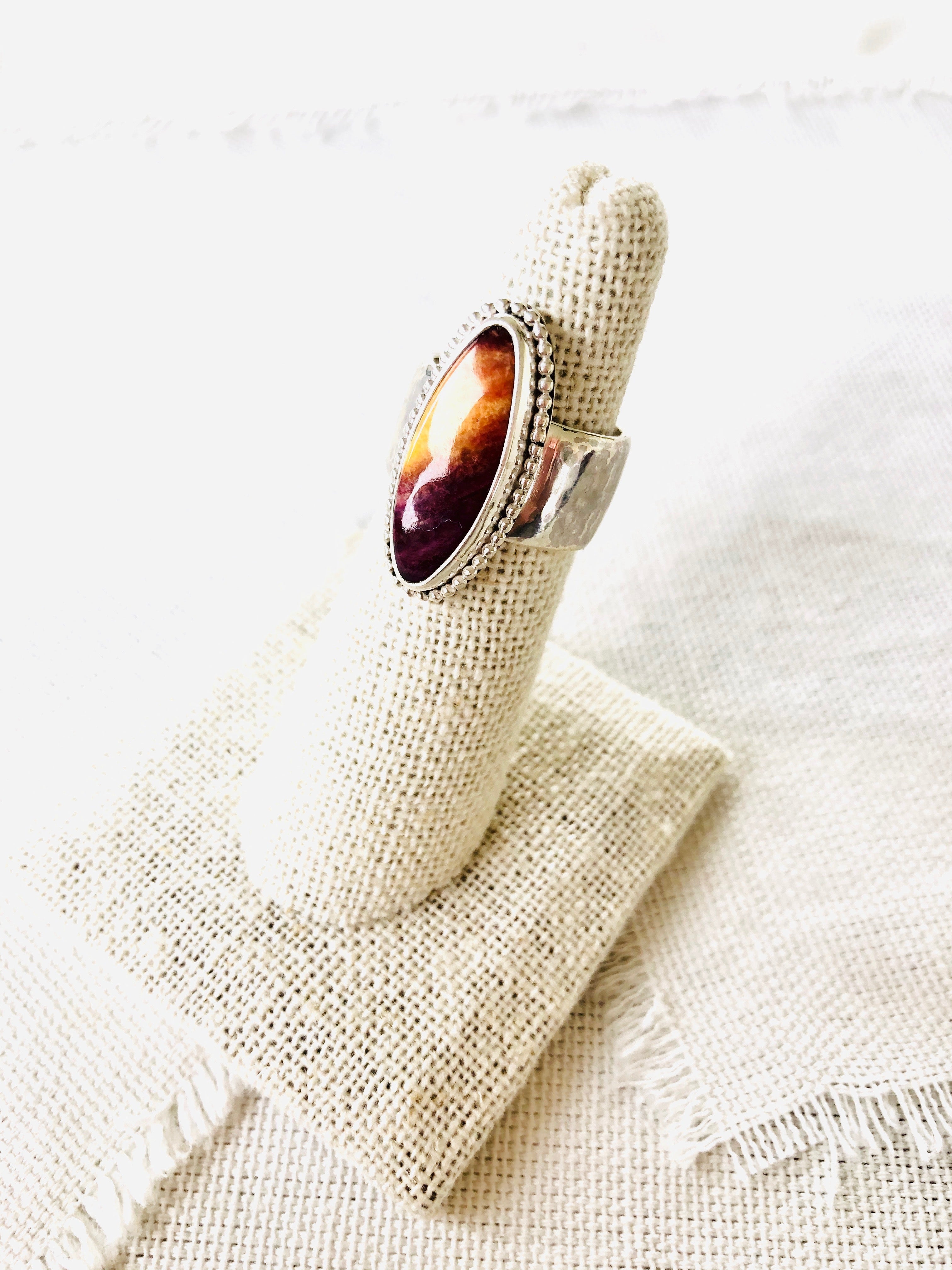 Marquise purple spiny oyster shell ring set in sterling silver.