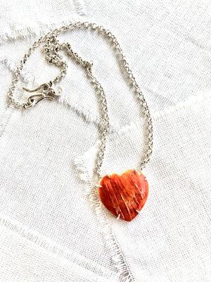 Orange Spiny Oyster Shell Heart Necklace on Pearls